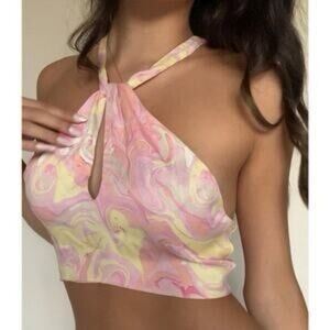 Zara Satin Marbled Keyhole Top Pink Yellow Watercolor Tie Back Halter size S